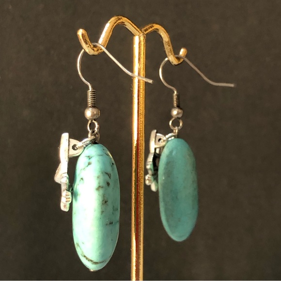 HAND CRAFTED Blue Green Faux turquoise earring and silver tone mad bunny charms - Picture 7 of 9